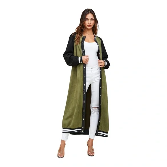 SoNo Chic Varsity Faux Suede Green Maxi Front Snap Jacket - Picture 10 of 14